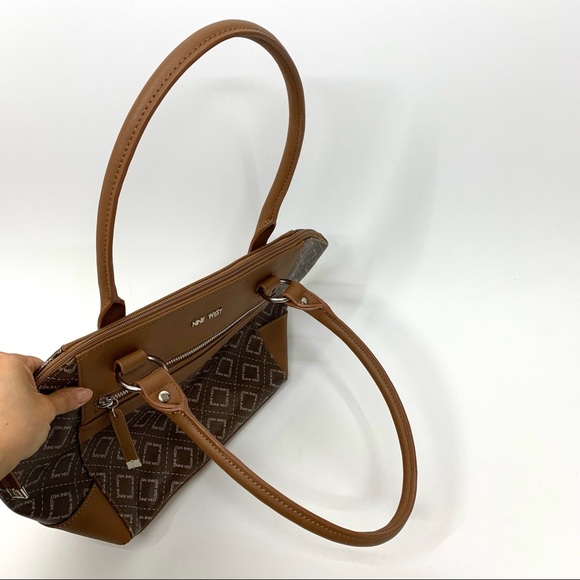 Nine West Brown Camel Tan All Over Geometric Pattern Contrast Satchel Purse - Picture 3 of 16